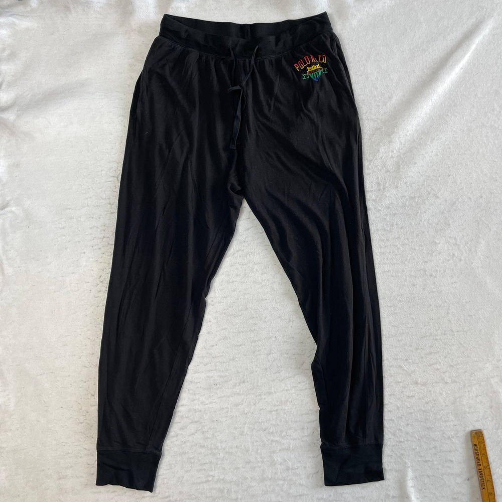 Polo Ralph Lauren Joggers Medium Black Rainbow Crest Logo Cuffed Pajama Pants